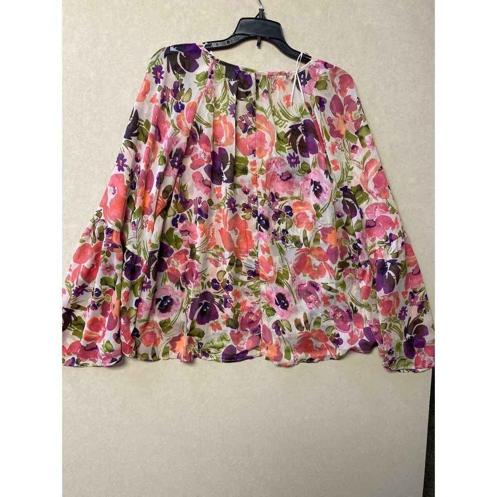 Scoop Womens Floral Sheer Chiffon Bell Sleeve Top Pink Purple Size M